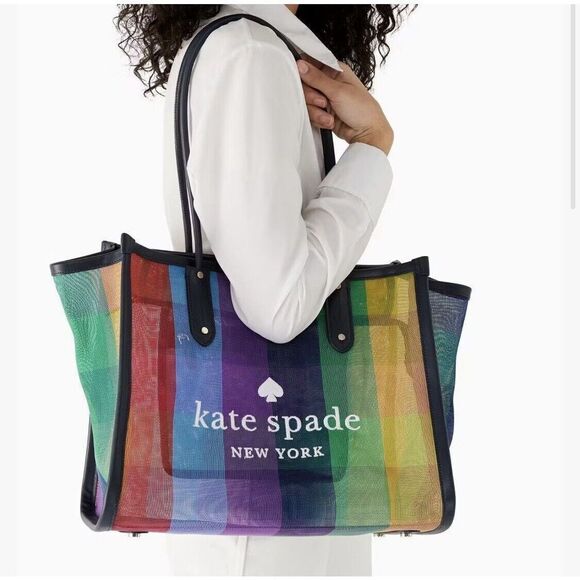 NWOT Kate Spade Ella Extra Large Rainbow Mesh Bag Tote Zip Top Embroidered Logo - Picture 1 of 16